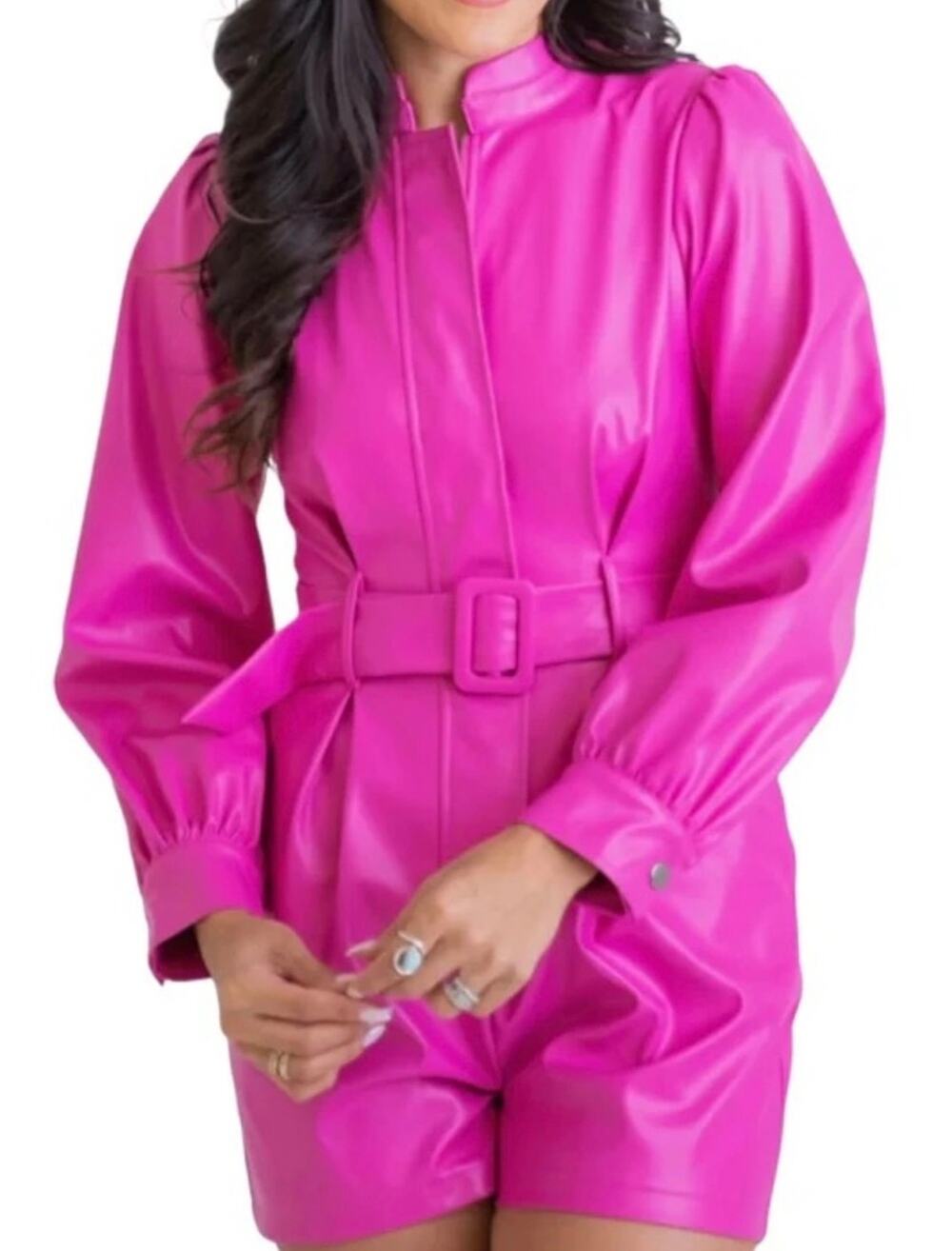 Karlie Hot Barbie Pink Faux Leather Belted Pleated Long Sleeve Romper Size L